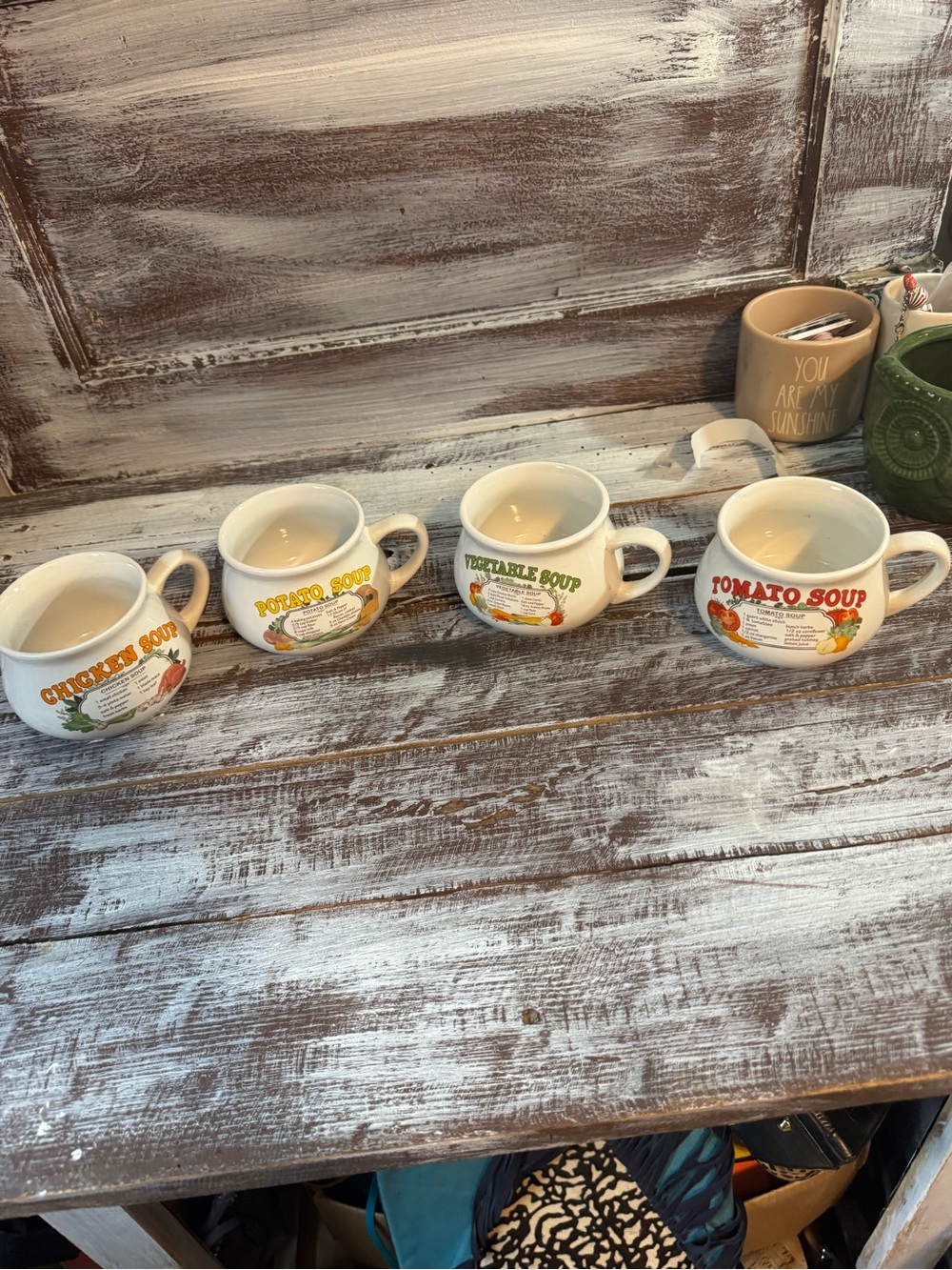 Vintage Style White Soup Mugs Set - Tomato, Vegetable, Potato, Chicken